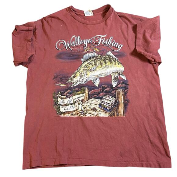 Vintage 90s Red Fishing Tee XL Walleye Outdoors Lure Dad Angler Nature Wildlife - Picture 1 of 6